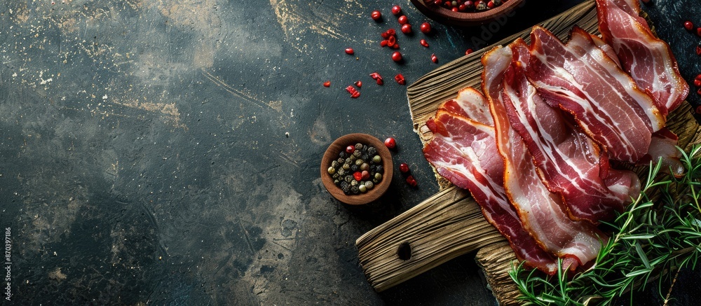 Poster fresh slices of bacon on a rustic table with copy space, perfect for cooking meals or snacks, provid
