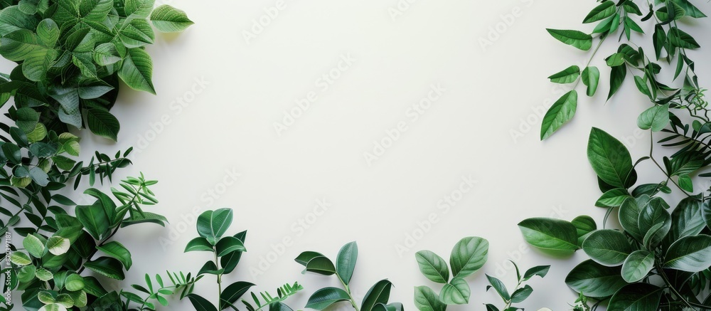 Poster Copy space image featuring tropical green leaves and branches on a white background, creating a lush foliage backdrop.