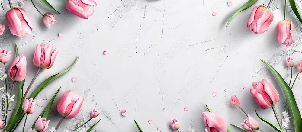 Poster abstract gray backdrop with beautiful pink tulips, perfect for copy space image.