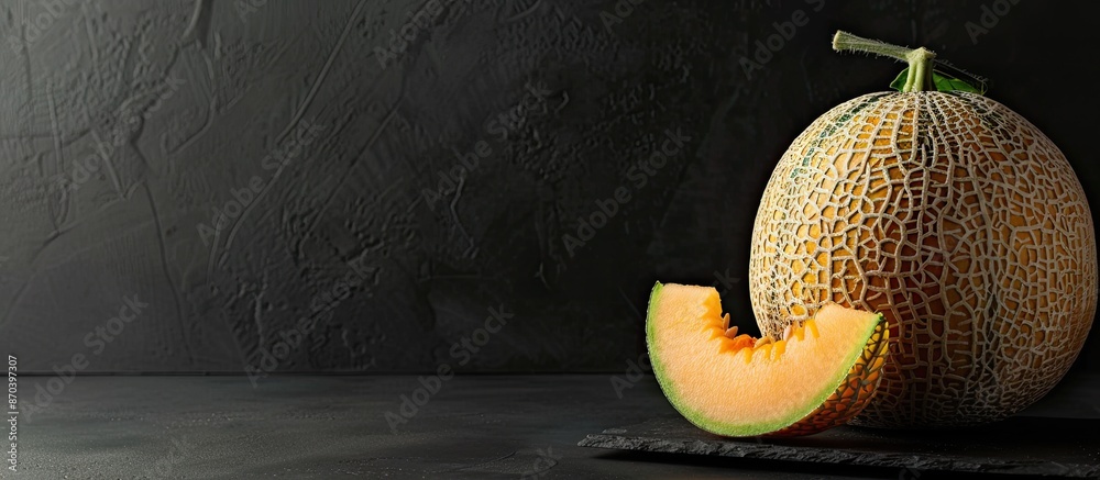 Poster Sweet ripe melon displayed on a table with copy space image.