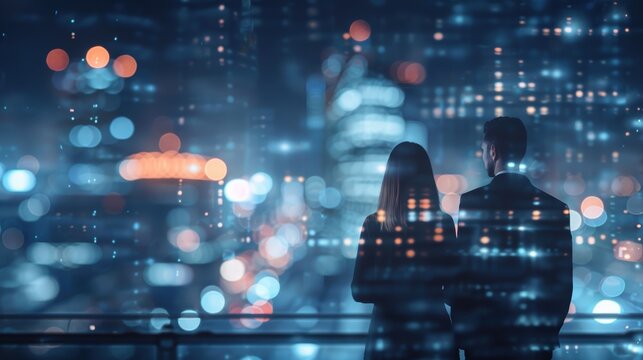 Business duo, holographic interface and city lights, strategic partnership