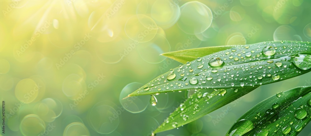Leinwandbilder fresh morning dew on a green grass leaf with a blurred background creating a serene and picturesque 