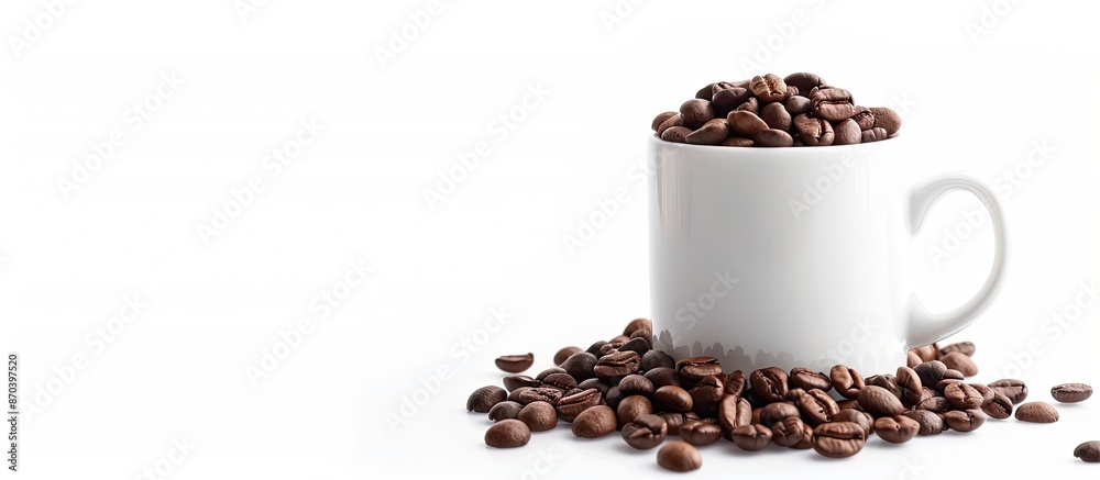 Poster coffee beans fill a white mug against a transparent backdrop in a copy space image.