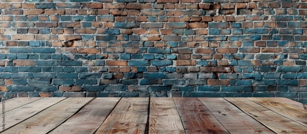 Leinwandbilder Rustic brick wall serves as backdrop for wooden table with clear space for product display mockup. Retro design creates a vintage presentation. copy space available