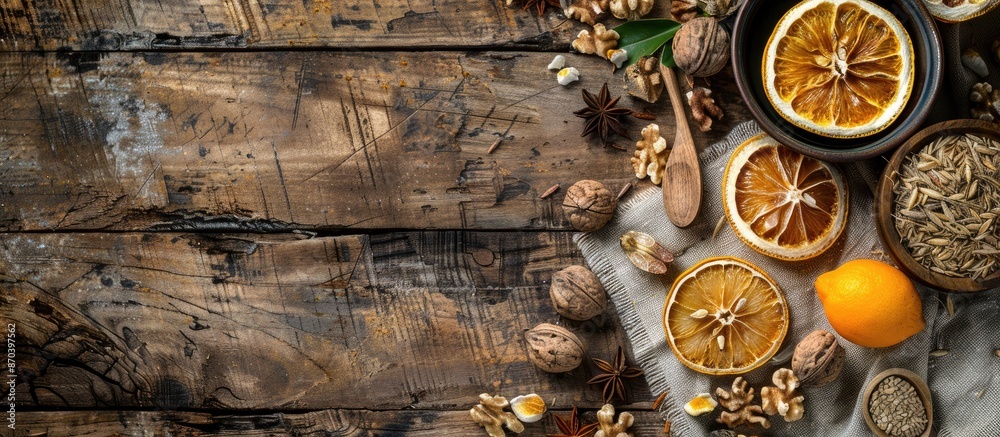 Aufkleber a healthy meal featuring a dried lemon slice as part of a food snack, arranged on a rustic table wit