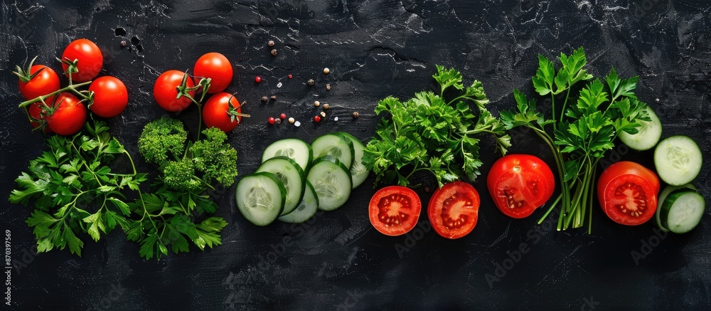 Aufkleber top view of summer green salad ingredients like red tomatoes, cucumbers, and parsley on a black back