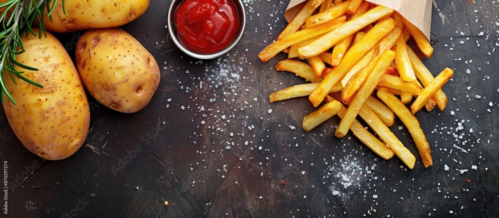 Poster Potato ready to fry is on a table with french fries as a background in the copy space image.