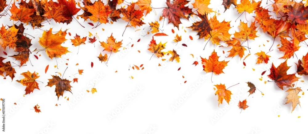 Poster Top-down view of vibrant autumn maple leaves scattered on a blank white backdrop, creating a border design with a designated copy space image.