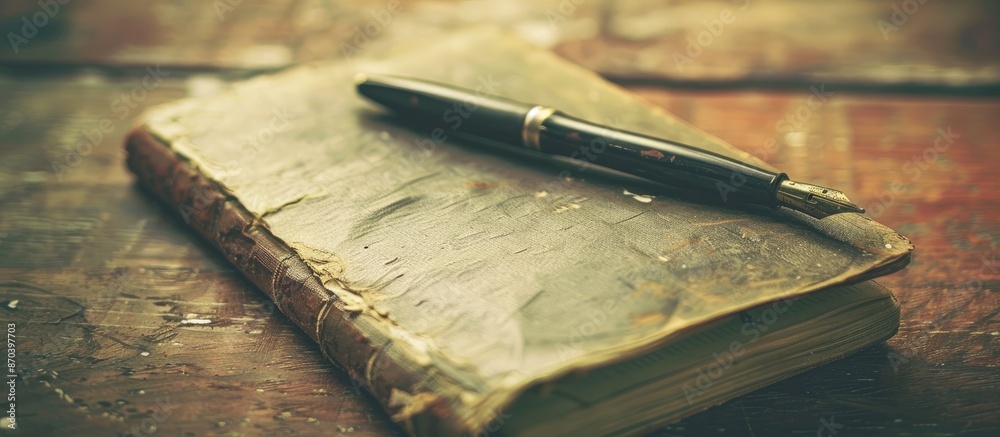Poster Vintage-toned image of a notebook and pen on a wooden table with copy space image.