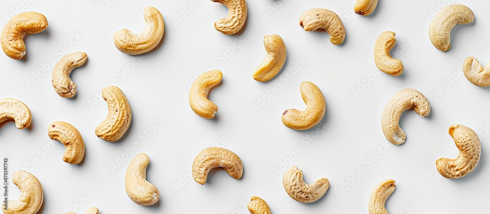 Poster White background showcasing a pattern made of peanuts and cashews with copy space image.