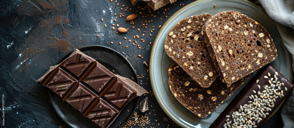 Poster Top-down view of slices of homemade seed bread and a chocolate bar artfully arranged in a traditional Spanish snack display, creating an appealing copy space image.