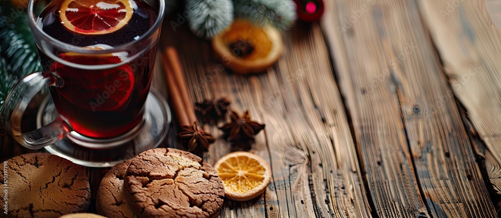 Poster Close-up image of a delicious mulled wine and cookie on a wooden table with copy space image available for text.