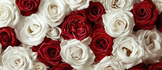 A holiday greeting card background features white and red roses from a top view, allowing for copy space image integration.