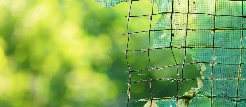 Closeup of a torn window screen with a green background, perfect for copy space image.