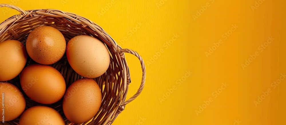 Poster Fresh brown eggs in a basket, perfect for Easter, set against a yellow background with ample copy space image for a front-facing photograph.