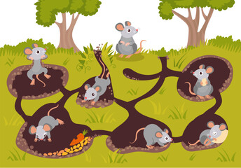 Fototapeta premium Mice in burrows. Cartoon animals in hole connected by underground passages. Cute rodents sleep, eat and dig ground. Forest creature. Rats in soil hollow tunnels. Splendid vector concept