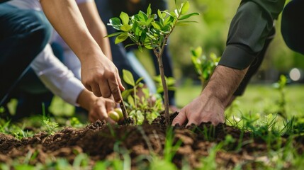 Fototapeta premium Collaborative hands plant a small tree in soil, symbolizing teamwork and environmental conservation in nature.