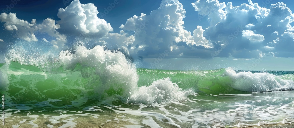 Poster scenic beach setting with vibrant green wave crashing against the shoreline under a sky scattered wi