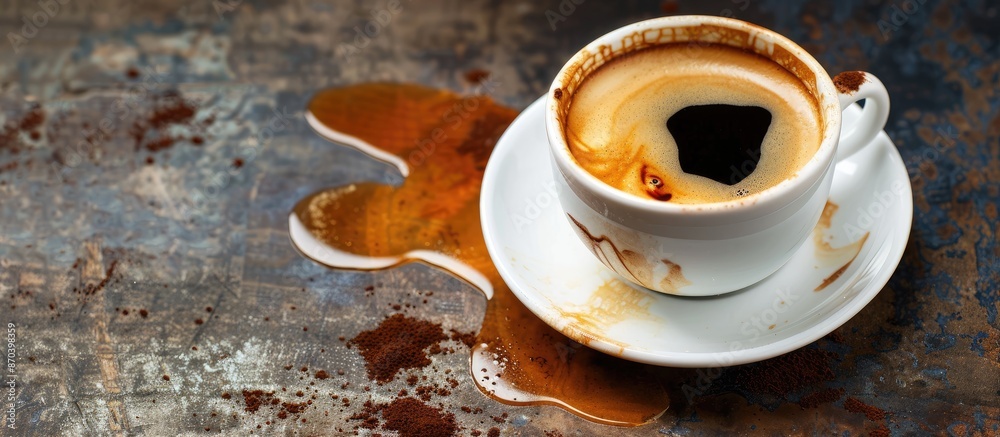 Poster coffee cup with espresso and a coffee stain on a copy space image.