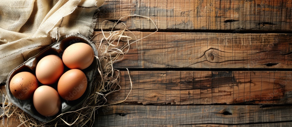 Poster a bird's-eye view of chicken eggs placed on a rustic wooden kitchen table with ample copy space imag
