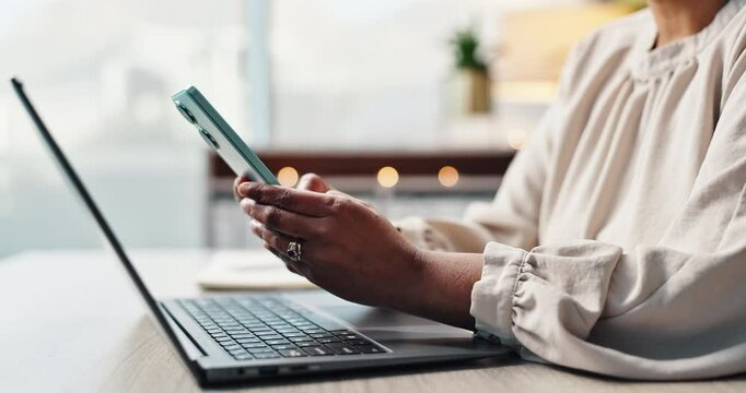Hands, typing and business woman with mobile at desk for communication, texting or update schedule in office. Online, laptop and human resources consultant for advice, feedback or replying to email