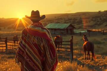 Cowboy Watching Sunset Over Rustic Ranch Landscape, Halloween Horror Celebration Costume Concept