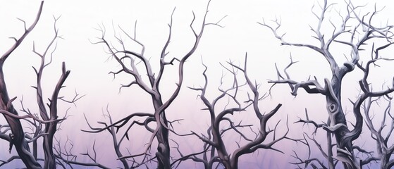 A surreal image featuring bare, twisted tree branches silhouetted against a soft purple and pink gradient sky, evoking a sense of mystery.