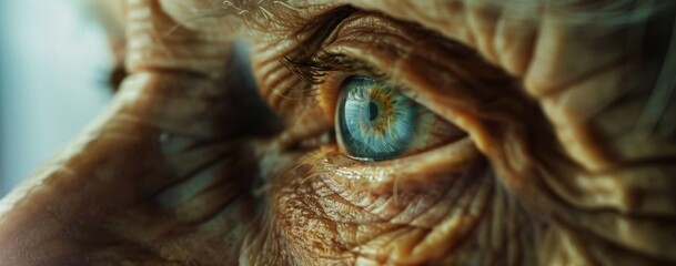 age, vision and old people concept - close up of senior woman face and eye