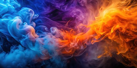 Fototapeta premium Vibrant background of orange, blue, and purple smoke swirls, colorful, vibrant, smoke, background, orange, blue, purple