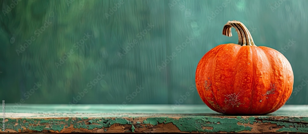 Poster Hokkaido pumpkin displayed on a rustic wooden table with a vibrant green backdrop, enhanced by ample copy space for an image.