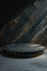 Empty black marble podium displaying cosmetics or products with golden veins background