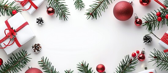 Festive holiday-themed arrangement with presents, evergreen branches, and red ornaments set against a white backdrop. Reflects Christmas, winter, and New Year theme. Flat lay, top view, with space