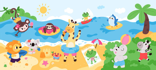 Obraz premium Happy little animals relaxing at sea. Summer beach holidays. Funny fauna characters swim and sunbathe. Summertime vacation. Sloth or frog in bikini. Penguin surfing. Garish vector concept