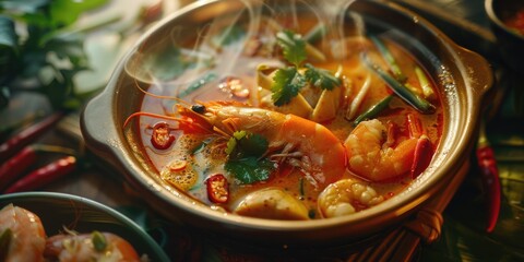 A bowl of soup with shrimp and other ingredients. The soup is hot and steamy