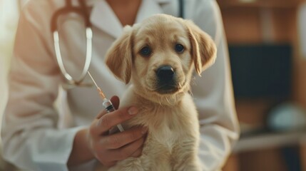 Veterinarian giving a vaccination to a cute puppy in a clinic. Animal healthcare and pet care concept.