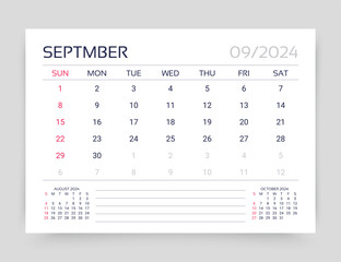 Calendar for September 2024 year. Planner calender template. Week starts Sunday. Desk monthly organizer. Table schedule grid. Timetable layout. Vector illustration. Paper size A5. Simple design.