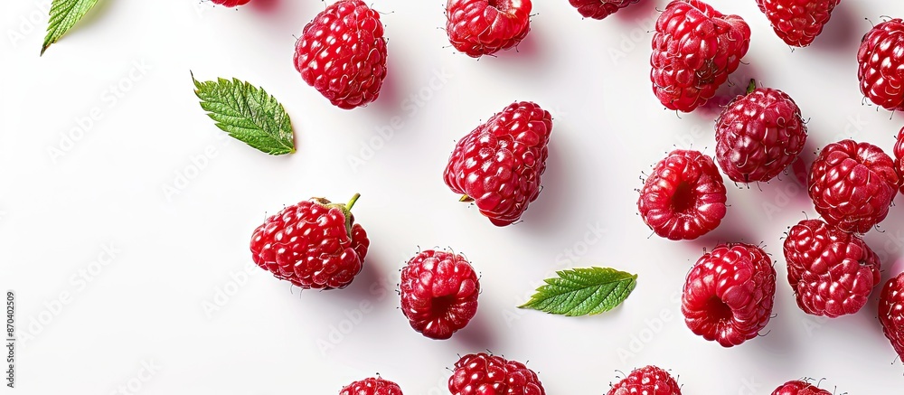 Poster A summer-themed, healthy raspberry displayed on a clean white background in a top-down perspective making for a perfect copy space image.