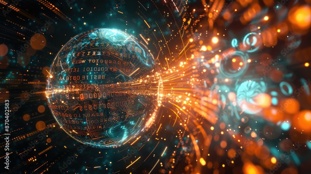 Poster a hightech digital sphere symbolizing the future of quantum computing and data visualization in cybe