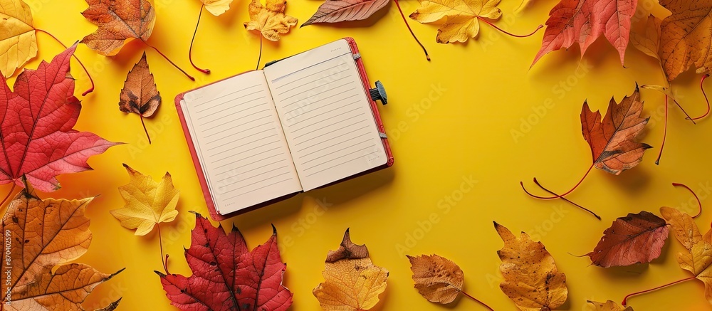 Poster autumn-themed flat lay composition with pretty dried leaves and a notebook displayed on a yellow bac