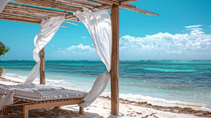 Serene Beach Cabana Oasis with White Curtains, Ocean View, and Vivid Colors on Sunny Day