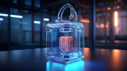 Digital polygonal padlock hologram on blue background with mock up areasecurity concept. 3d render.