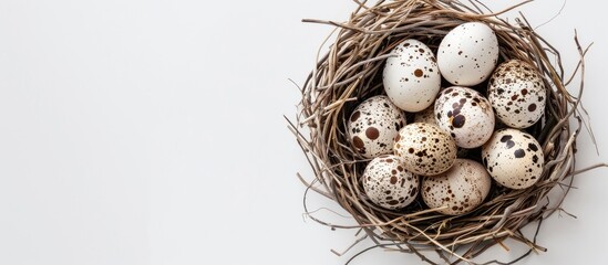 A nest with quail eggs set against a white backdrop, perfect for a copy space image.