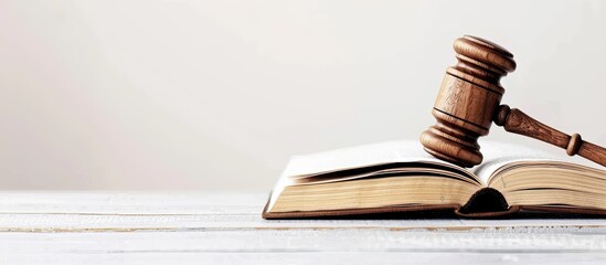 An open law book with a wooden judge's gavel rests on a table in a courtroom or law enforcement office, presented against a white backdrop with ample space for text or images.