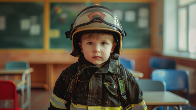 A young child in a firefighter's uniform stands in front of a classroom. The child is wearing a helmet and he is posing for a picture. The classroom is filled with various chairs and a chalkboard - Powered by Adobe