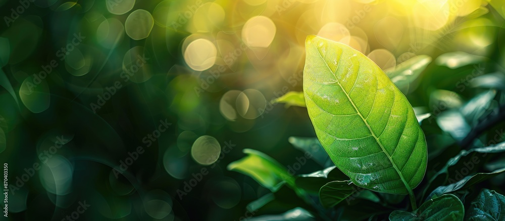 Canvas Prints Copy space image of a vibrant green leaf set against a blurred backdrop of lush greenery in a garden, bathed in sunlight, evoking a fresh and eco-friendly theme.