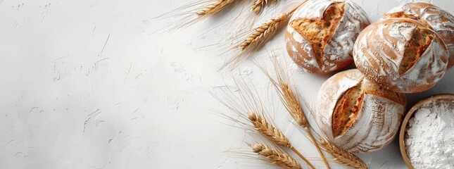 Freshly baked bread loaves with wheat stalks and flour on white background