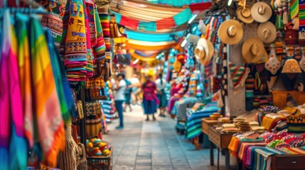 Fototapeta premium Colorful market scene with vibrant textiles, hats, and crafts, creating a lively cultural atmosphere under multicolored canopies.