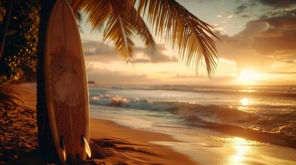 Serene Sunset Surfboard Scene with Palm Tree on Tropical Beach - Sony A7S III Photography