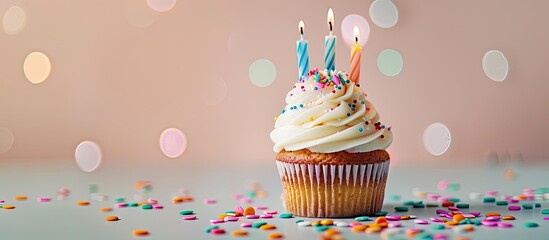 An image showing a birthday cupcake covered in buttercream frosting, decorated with sugar confetti sprinkles, and surrounded by blown-out candles offers copy space.