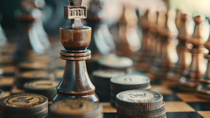 Close-up shot of a chessboard with chess pieces and coins, emphasizing strategy and decision-making in a financial context.